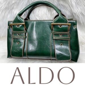 ALDO Vintage Forest Green Faux Leather Satchel Bag Brass Buckle Top Handle 12x7